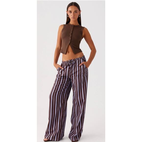 Peppermayo Pants - Peppermayo Fresh Face Linen Low Rise Baggy Pants in Brown and Purple Stripes, 4